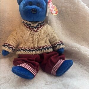 TY Beanie Babies “Clubby” Blue Bear with Knit Sweater and Red Pants.